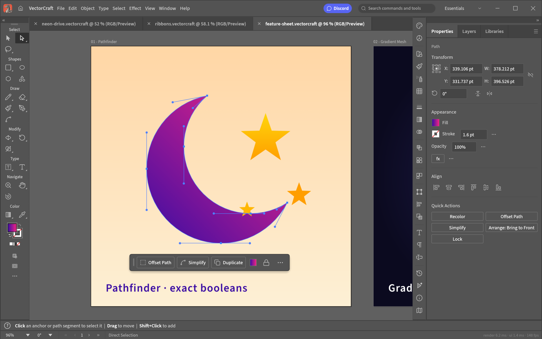 Bézier anchors and handles selected on a crescent in VectorCraft