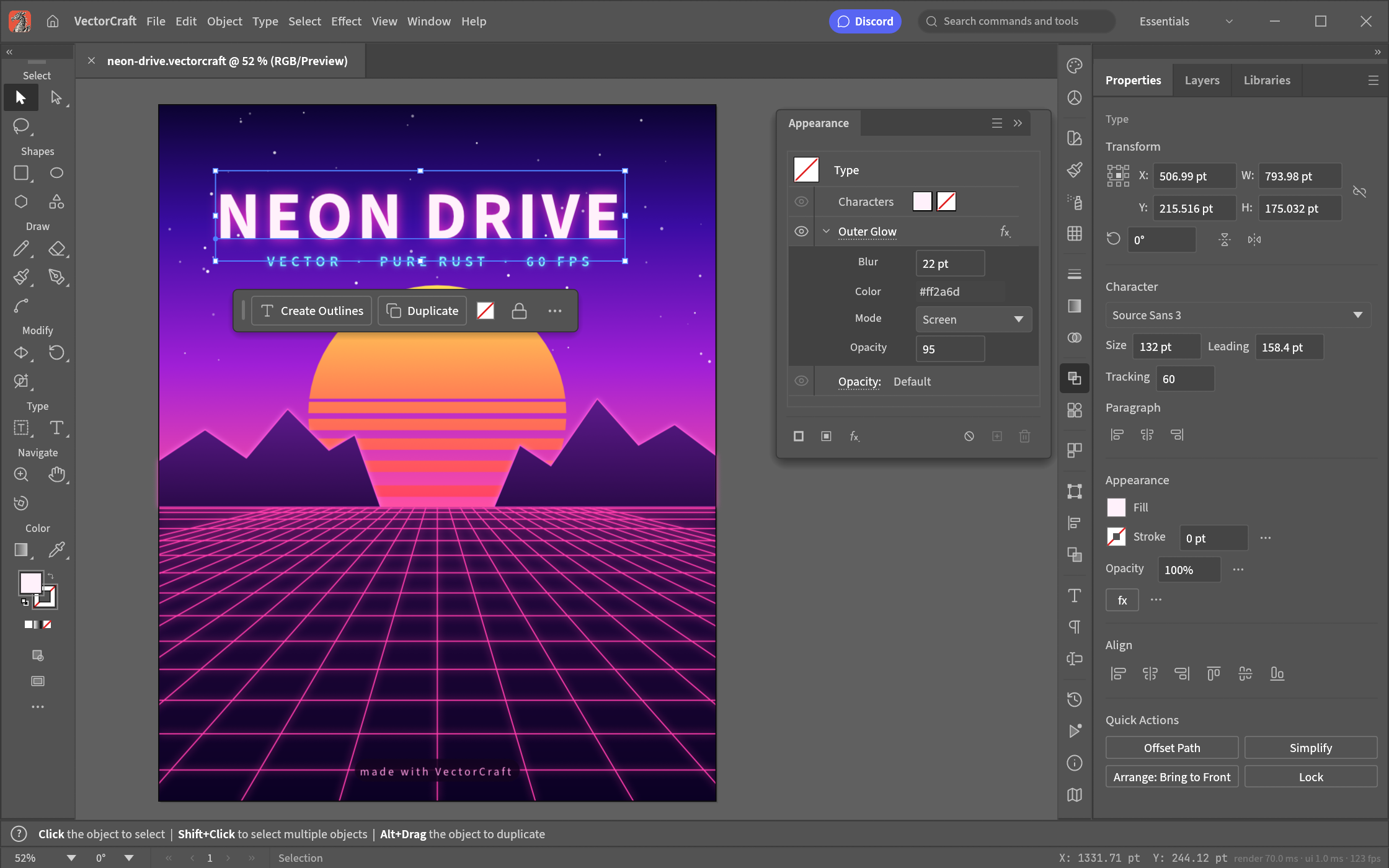 VectorCraft editing the Neon Drive poster with its Appearance and Properties panels